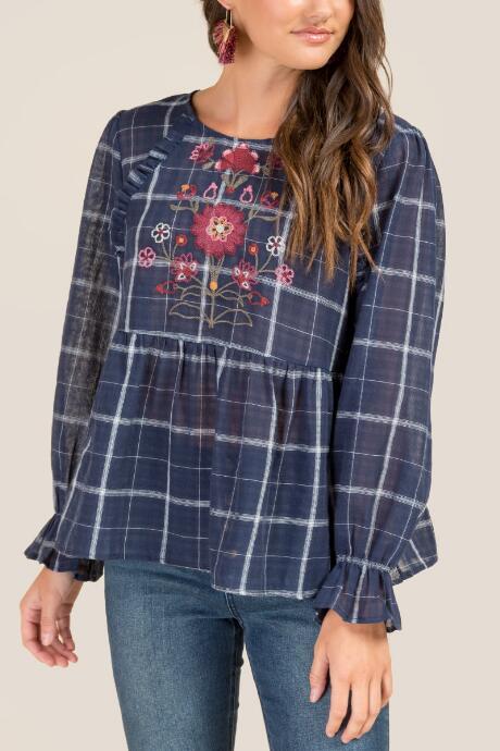 Francesca's Marissa Floral Embroidered Blouse - Navy