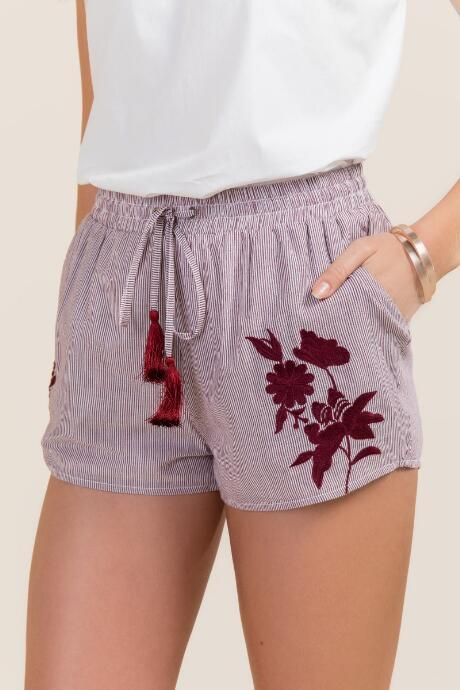 Mi Ami Blaire Striped Embroidered Soft Shorts - Wine