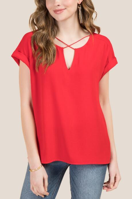 Francesca's Rae Short Sleeve Lattice Neck Cuff Sleeve Top - Red