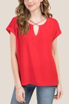 Francesca's Rae Short Sleeve Lattice Neck Cuff Sleeve Top - Red