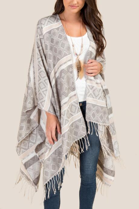 Francesca's Chelsea Geo Fringe Ruana - Light Gray