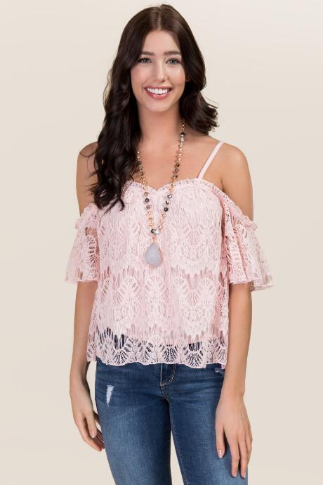 Francesca's Ramona Lace Cold Shoulder Top - Pink