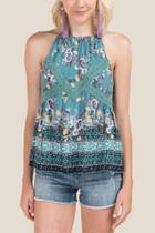 Francesca Inchess Ivy Floral Tiki Print Halter Tank - Teal