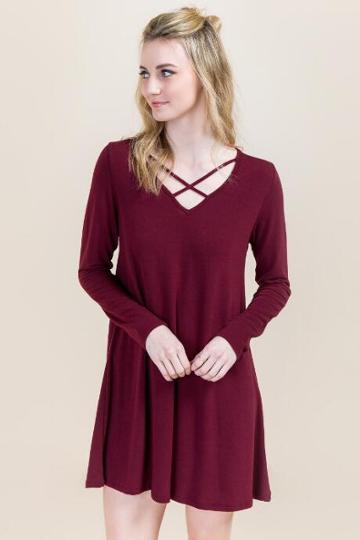 Ayla Alycia X Neck Shift Dress - Wine