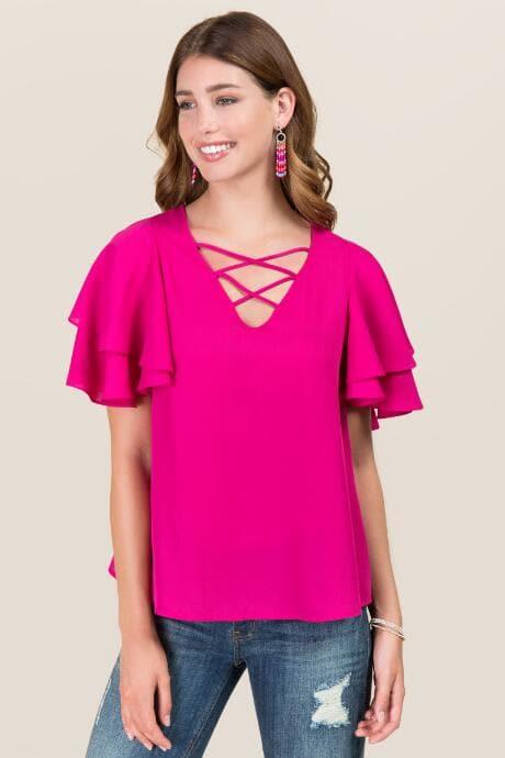 Blue Rain Adaila Double Ruffle Sleeve Lattice Neck Top - Neon Pink