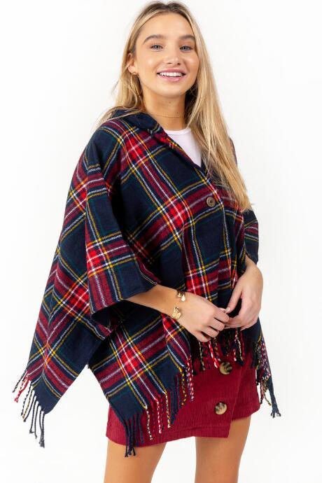 Francesca's Betty Plaid Poncho W Hood - Navy