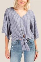 Francesca's Jasmine Striped Button Front Top - Chambray