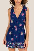 Francesca's Whitney Floral Tie Shoulder Border Trim Romper - Navy