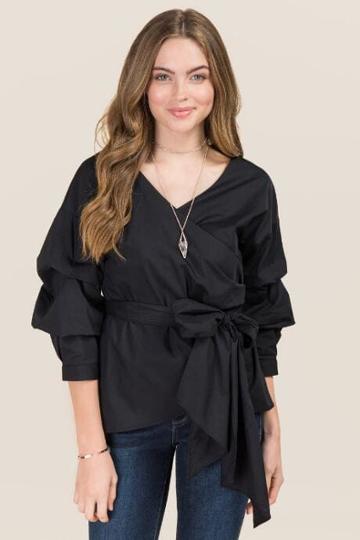 Salt & Pepper Clothing, Inc. Kailie Wrap Cinch Sleeve Blouse - Black