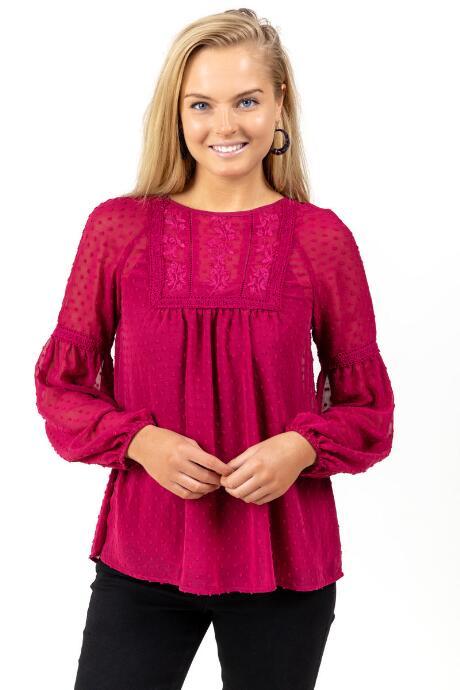 Francesca's Emory Embroidered Swiss Dot Blouse - Wine