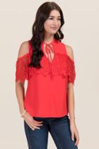 Blue Rain Marla Lace Ruffle Cold Shoulder Top - Red
