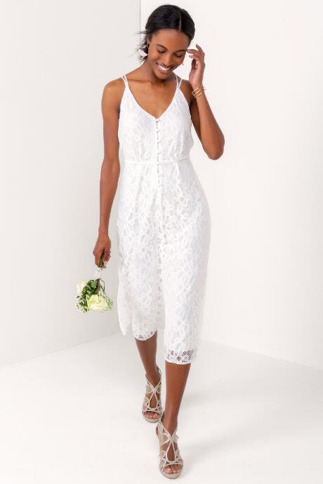 Francesca's Evangeline Button Front Lace Jumpsuit - White
