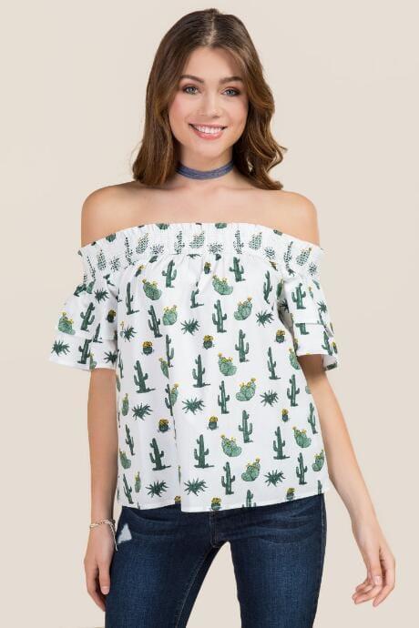 Blue Rain Jann Off The Shoulder Cactus Top - White