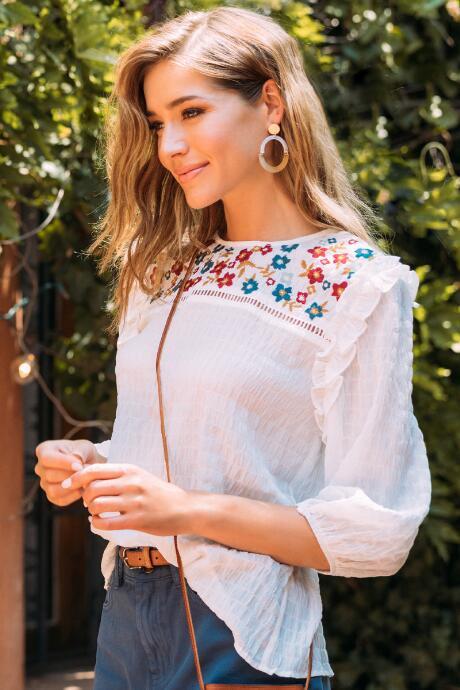 Francesca's Bella Embroidered Blouse - White