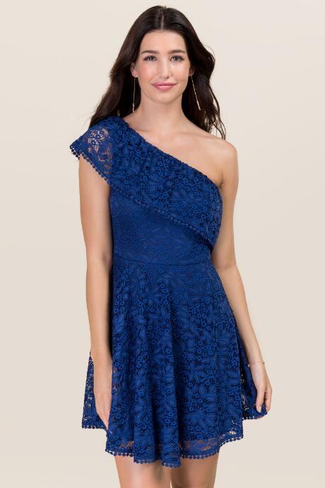 Mi Ami Elle One Shoulder Lace Dress - Navy