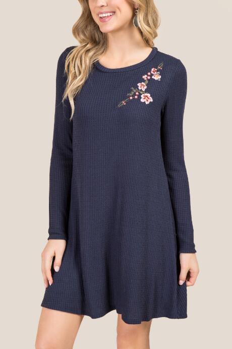 Alya Alberta Embroidered Waffle Knit Dress - Navy