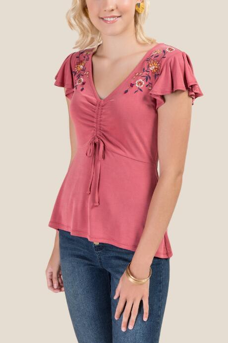 Francesca's Halle Floral Embroidered Blouse - Rose