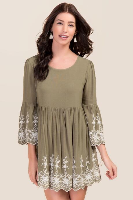 Francesca's Kamilah Embroidery Bell Sleeve Dress - Dark Olive