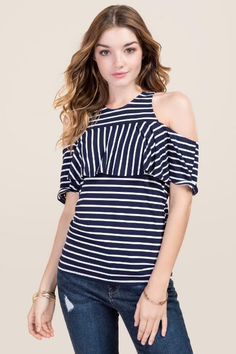 Alya Jenelle Cold Shoulder Striped Knit Top - Navy