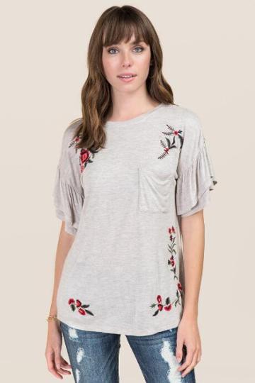 Jainsons International, Inc. Susanne Double Ruffle Sleeve Embroidery Knit Tee - Heather Oat