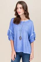 Alya Viola Tiered Ruffle Sleeve Mineral Wash Knit Tee - Oxford Blue
