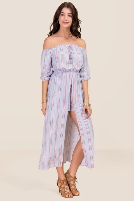 Francesca's Natalia Striped Maxi Romper - Oxford Blue