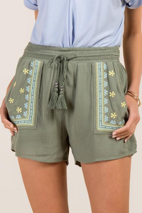 Francesca Inchess Magdalena Embroidered Pockets Soft Shorts - Dark Olive