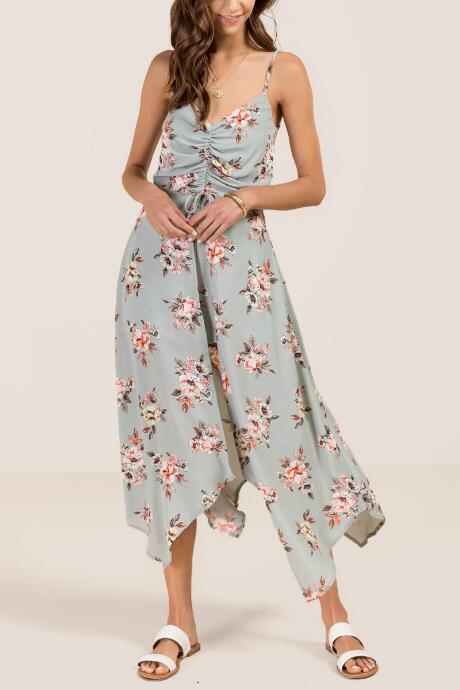 Miami Everlie Cinch Front Floral Maxi Romper - Mint