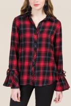 Francesca's Valentina Bell Sleeve Tie Plaid Button Down - Red