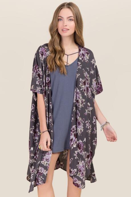 Blue Rain Ainsley Floral Maxi Kimono - Gray
