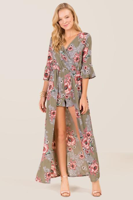 Blue Rain Odele Lantern Sleeve Floral Maxi Romper - Dark Olive