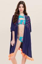 Francesca's Nessa Embroidered Yoke Tassel Trim Kimono Cover-up - Navy