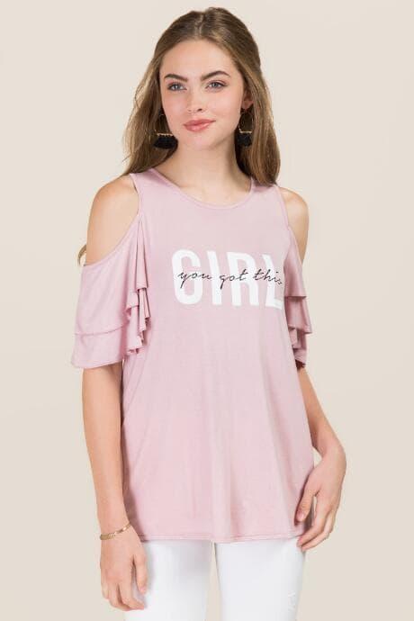 Alya You Got This Cold Shoulder Graphic Tee - Mauve