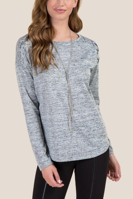 Francesca's Keelan Lattice Shoulder Cozy Top - Heather Gray