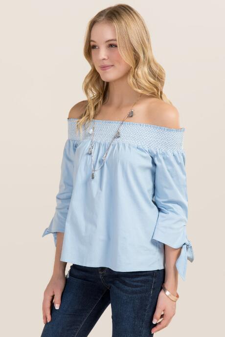 Blue Rain Cameron Poplin Smocked Off The Shoulder Top - Oxford Blue