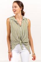 Francesca's Gina Button Down Olive Stripe Top - Olive