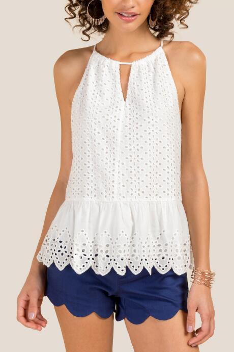 Francesca Inchess Eli High Neck Eyelet Sleeveless Tank - White