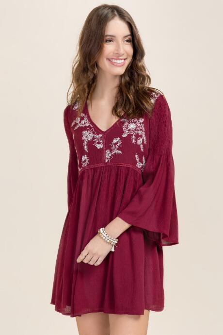 Francesca's Cambria Embroidered Shift Dress - Wine