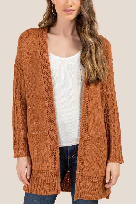 Francesca's Tory Rib Sleeve Confetti Knit Cardigan - Cinnamon