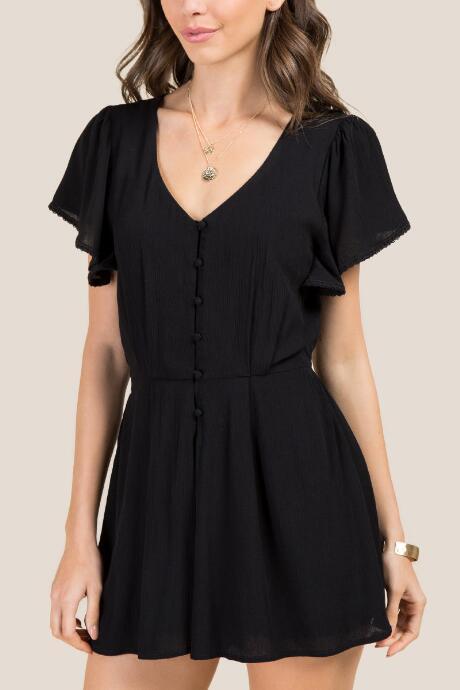 Francesca's Claire Button Front Crochet Romper - Black