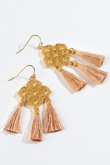 Francesca's Ivy Filigree Tassel Earrings In Champagne - Champagne