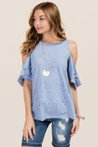 Alya Nerys Double Ruffle Cold Shoulder Distressed Knit Tee - Oxford Blue
