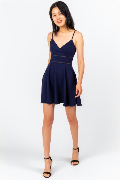 Francesca's Velma Ladder Trim Flare Dress - Navy