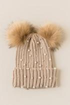 Francesca's Gracie Pearl Double Fur Pom Beanie - Beige