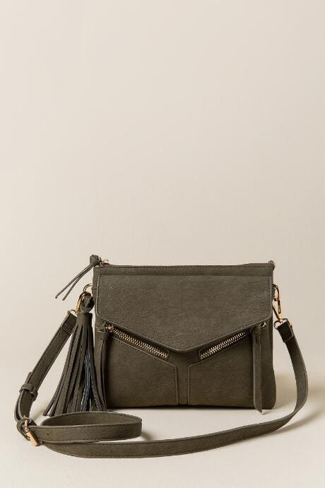 Francesca's Delaney Tassel & Zipper Distressed Crossbody - Olive