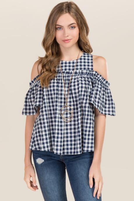Blue Rain Careen Gingham Ruffle Cold Shoulder Top - Navy