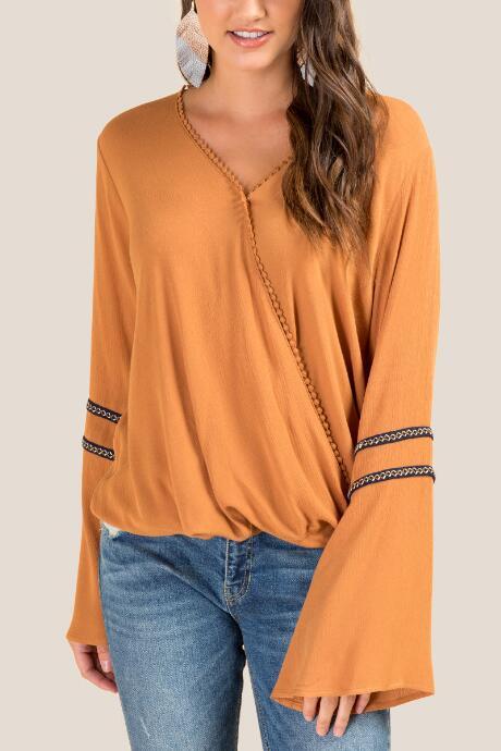 Francesca's Ella Pom Trimmed Surplus Blouse - Amber