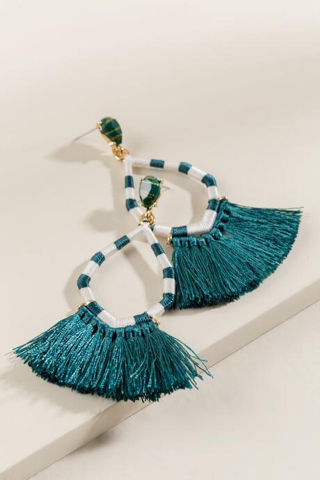 Francesca's Jacy Colorblocked Tasseled Teardrop Earrings - Forest