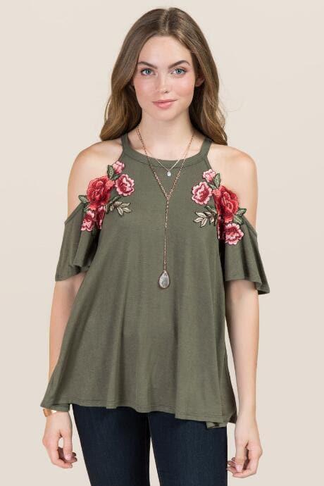 Alya Astra Cold Shoulder Rose Patch Knit Top - Dark Olive