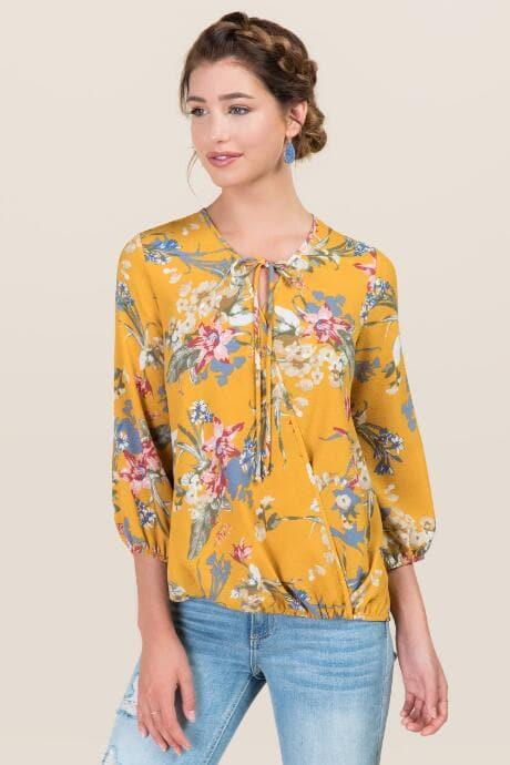 Blue Rain Karen Floral Surplus Tie Front Top - Marigold